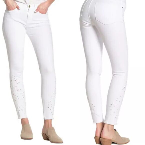 FRAME Le Skinny de Jeanne Foliage Embroidered Jeans Blanc - Picture 1 of 11